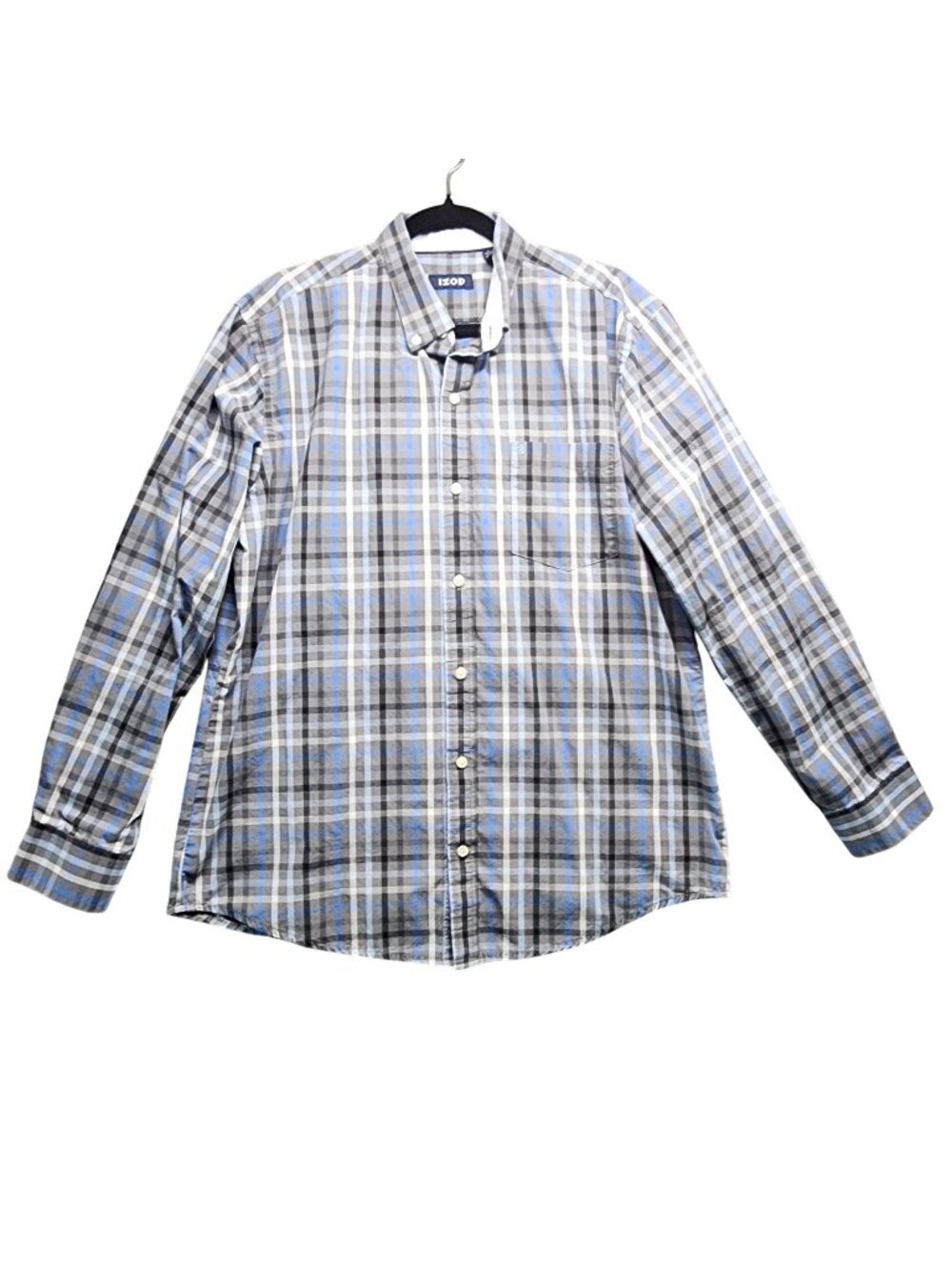 Izod Shirt Mens Large Blue & Gray Plaid Long Sleeve Button-Down Cotton Blend